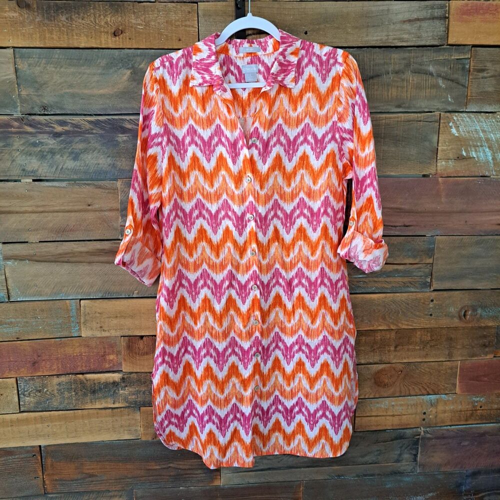 Chico’s Linen No-Iron Chevron Maxi Shirt Dress Pink Orange Size 1,US Medium 8/10